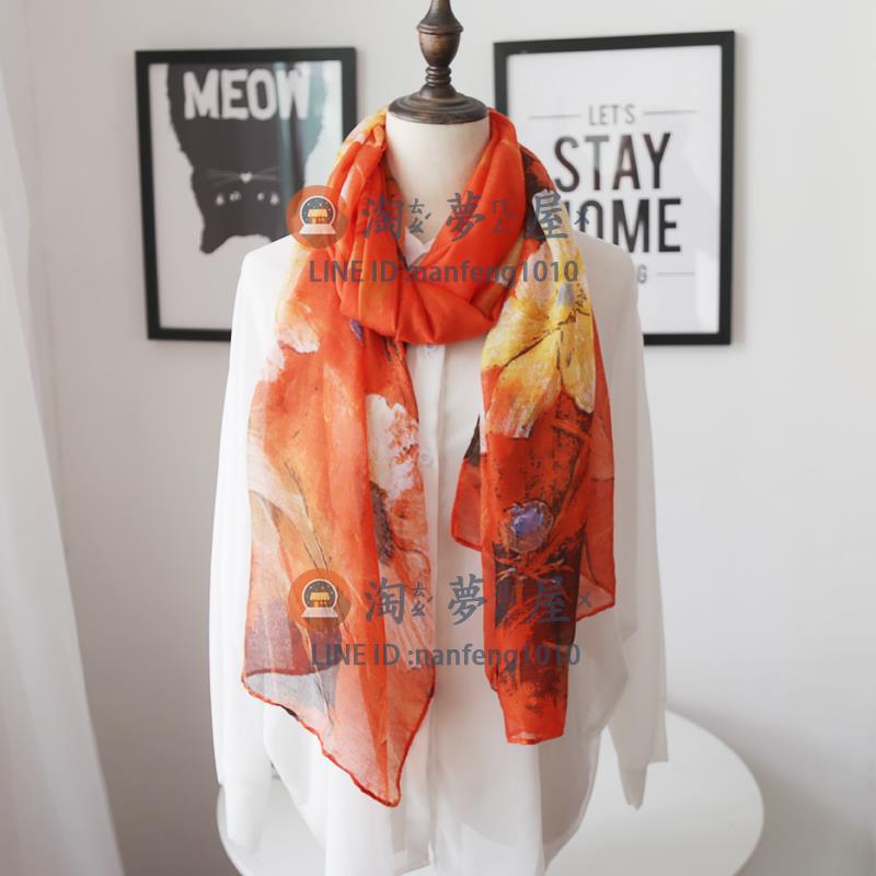 絲巾秋冬季新韓版印花棉麻圍巾 長款絲巾圍脖兩用保暖柔軟圍巾【淘夢屋】