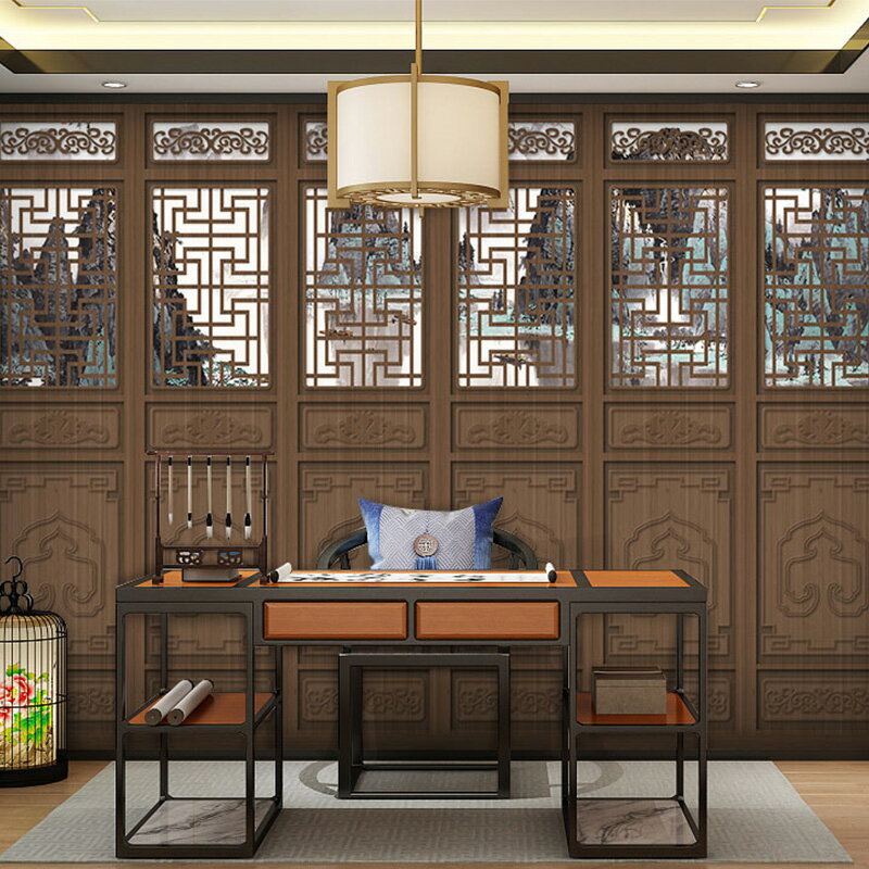 中式古典復古懷舊壁畫山水水墨畫木門屏風墻紙飯店餐廳火鍋店壁紙