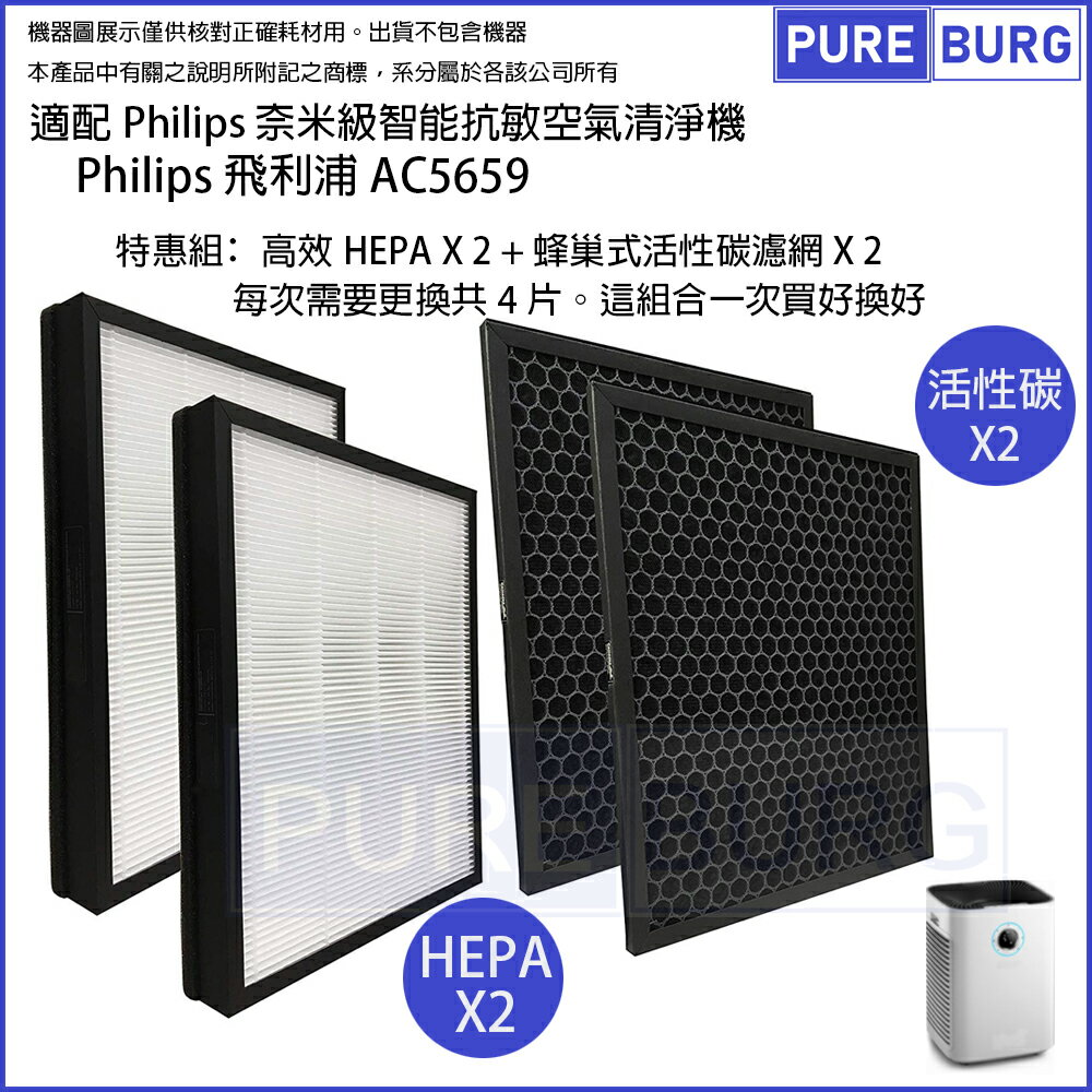 適用Philips飛利浦空氣清淨機 AC5659濾網芯組合2片HEPA+活性碳 FY5185 FY5182