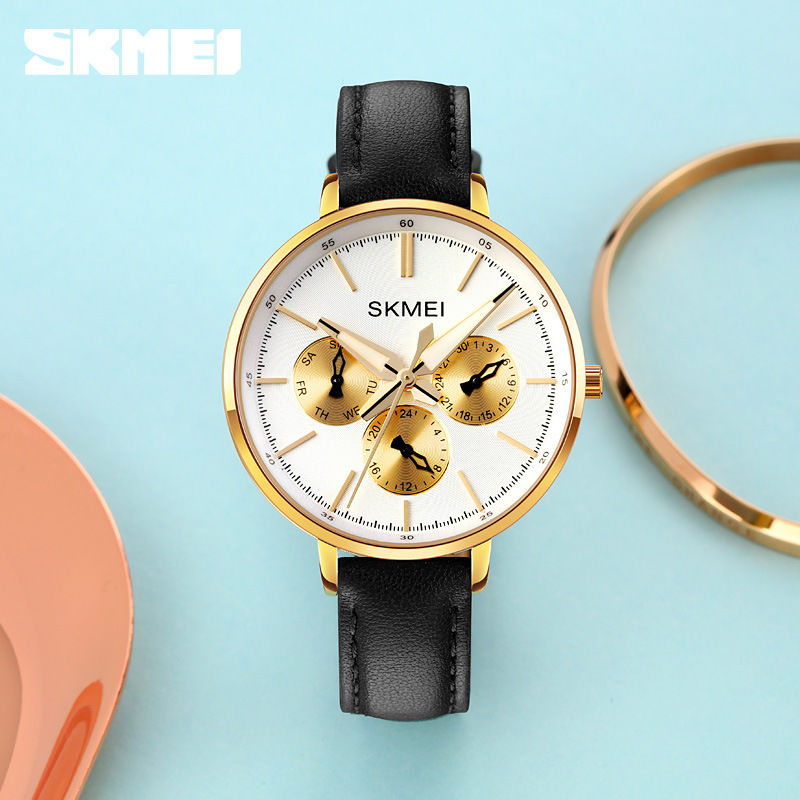 手錶 運動錶 戶外錶 Skmei時刻美時尚進口六針女士腕表 復古風皮帶圓形女表 石英表 全館免運