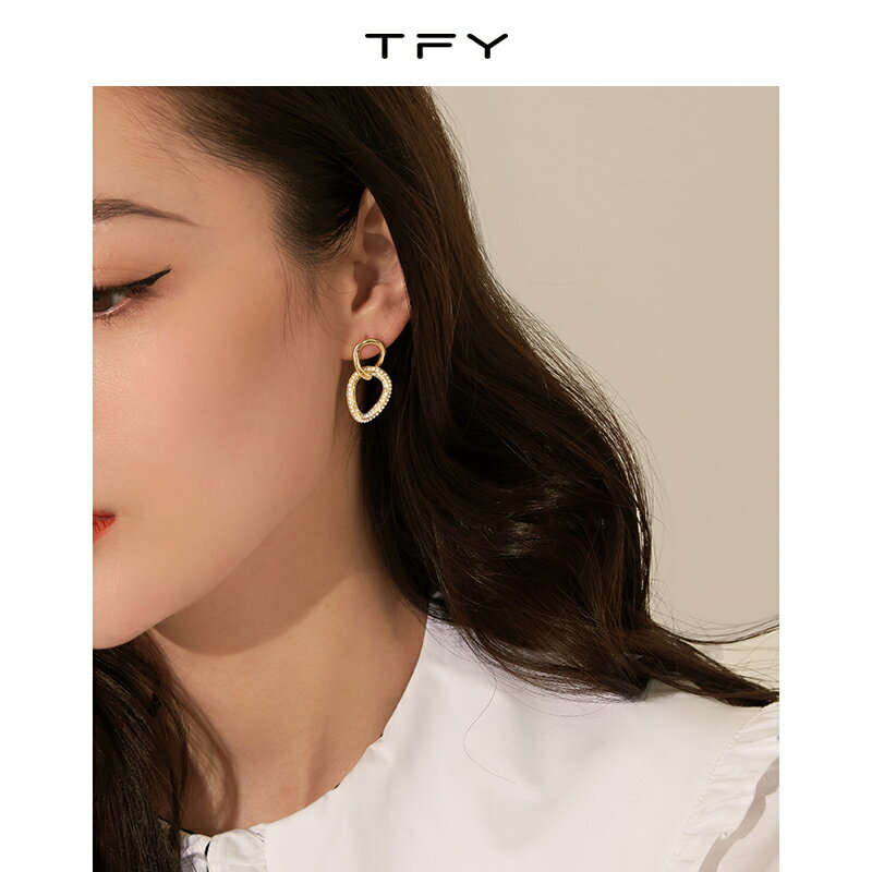 tfy冷淡風金屬珍珠耳環女年新款潮耳釘復古金色雙環鑲鉆耳飾