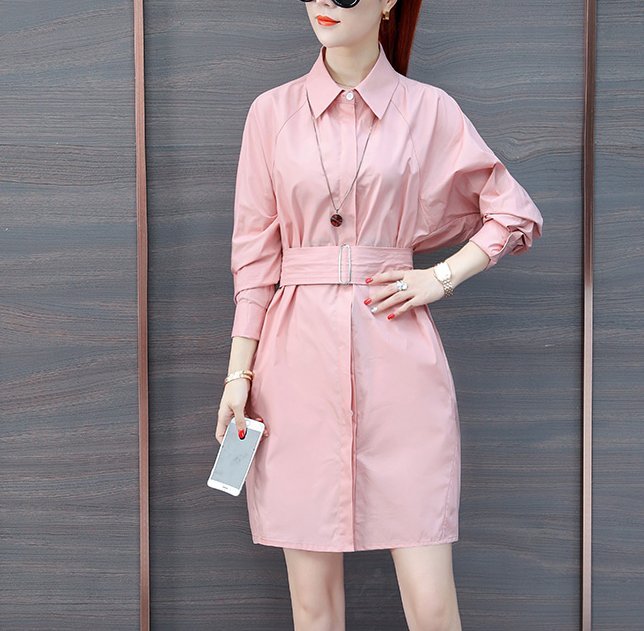 FINDSENSE品牌 秋季 新款 韓國原裝 女 氣質 甜美 POLO領 純色 顯瘦 收腰短款 繫帶 長袖 時尚 連衣裙