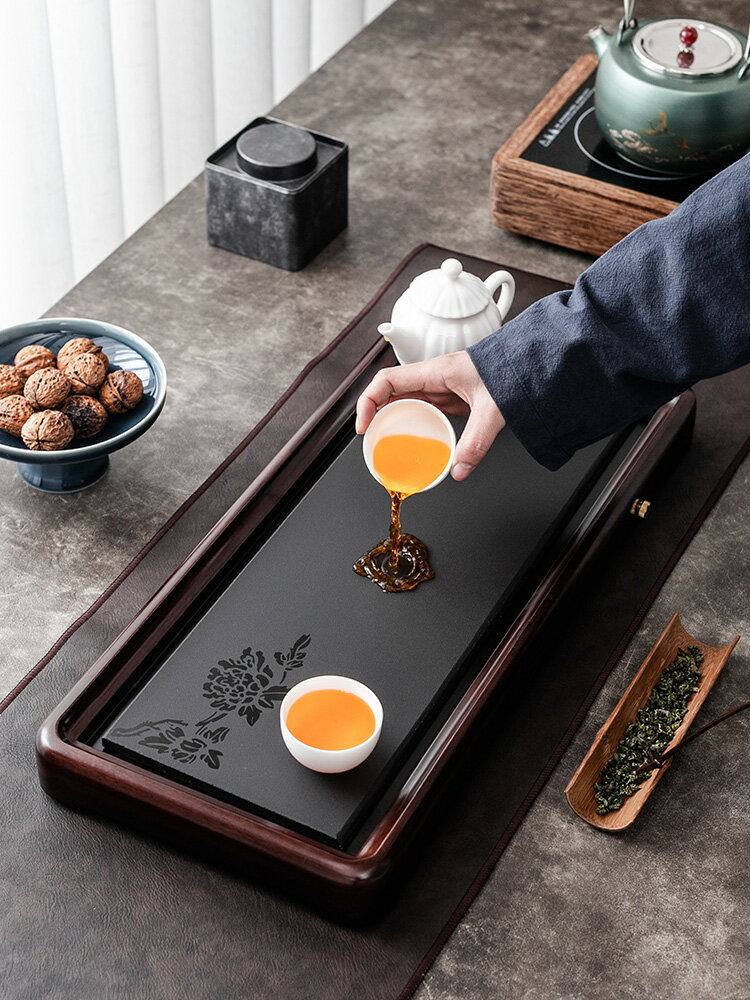 黑檀木茶盤整塊實木茶臺現代簡約烏金石家用茶海排水花梨茶具託盤