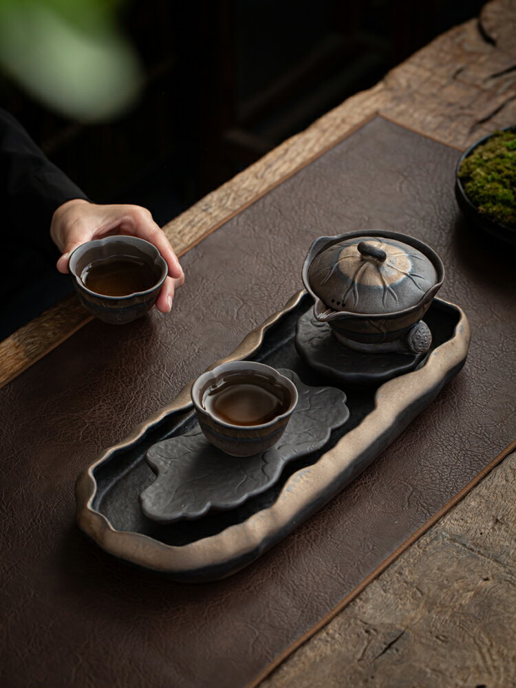 粗陶鎏金幹泡茶具套裝家用簡約小套日式復古客廳陶瓷功夫茶杯茶盤