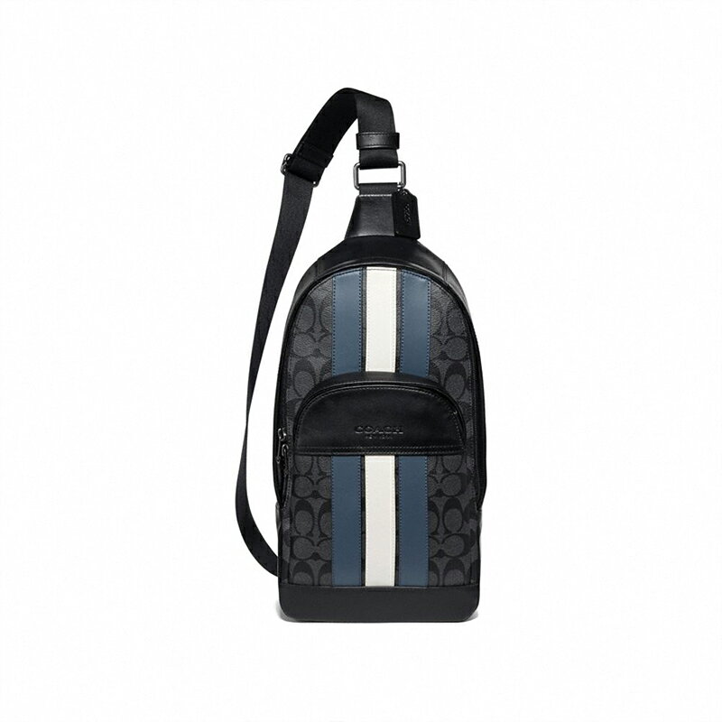 精選★COACH 經典花紋拼條紋胸包男士腰包 F67249  ~【購物節優惠★菲尼斯 國際精品↘3折起】