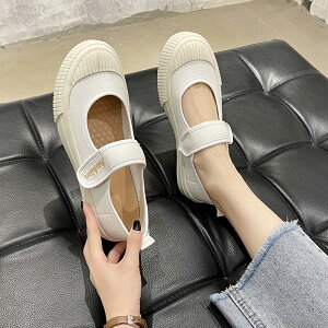 韓版魔術貼淺口瑪麗珍女鞋單鞋2021夏季新款厚底松糕奶奶鞋帆布鞋