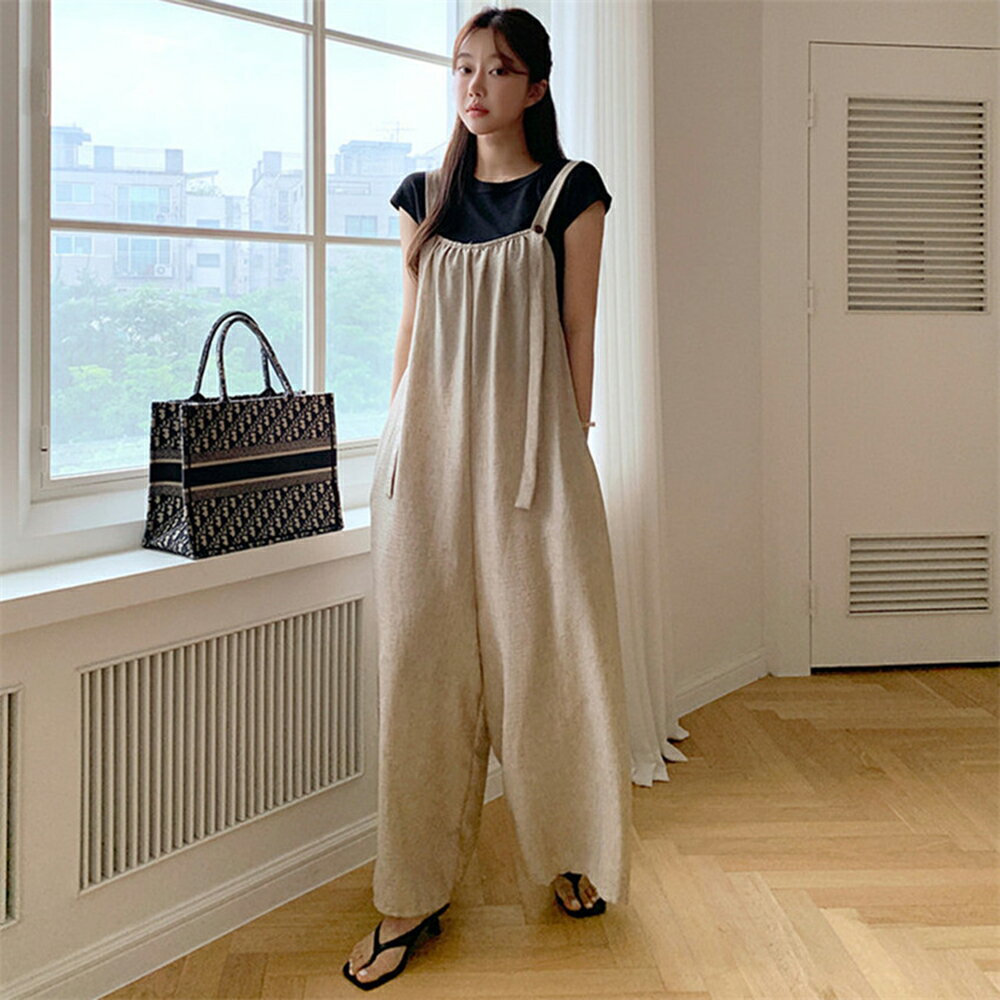 ＊ORead＊可調式寬松露背休閒背帶寬褲(麻色L,XL)