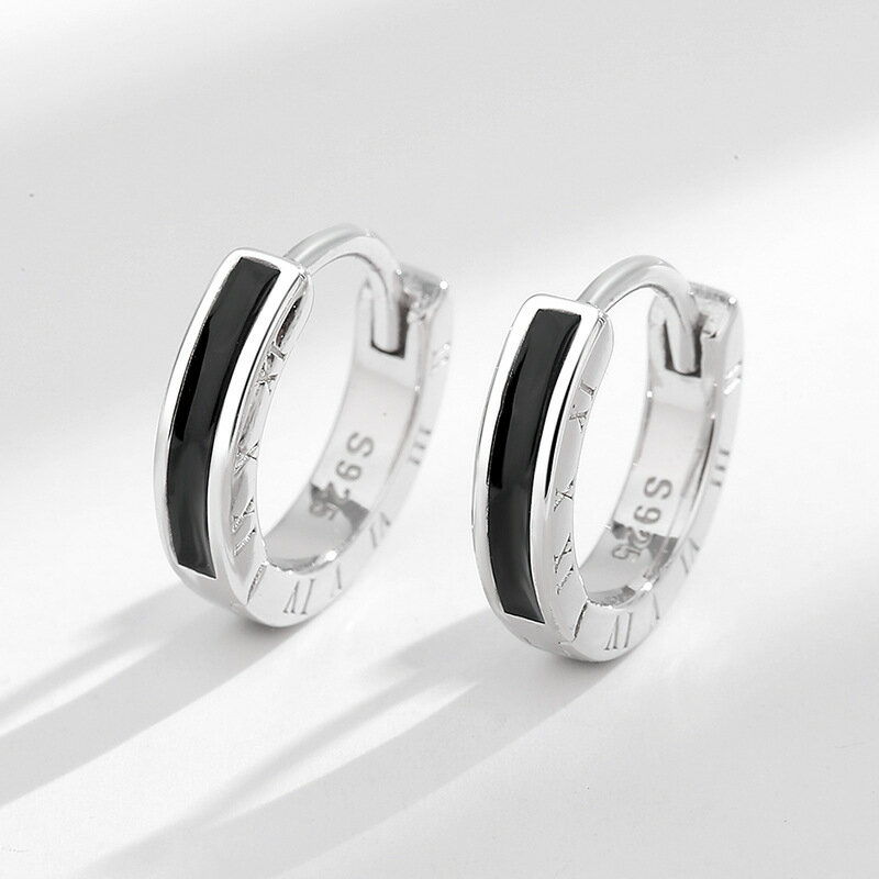 耳環男 男飾品 耳飾 s925純銀黑色滴膠耳扣男士高級感羅馬數字女耳圈輕奢小眾時尚男款『ZW8940』