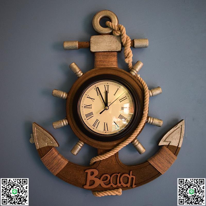 最低價❤️ 地中海風格復古做舊船錨掛鐘家用裝飾品掛件木質船舵創意靜音鐘錶