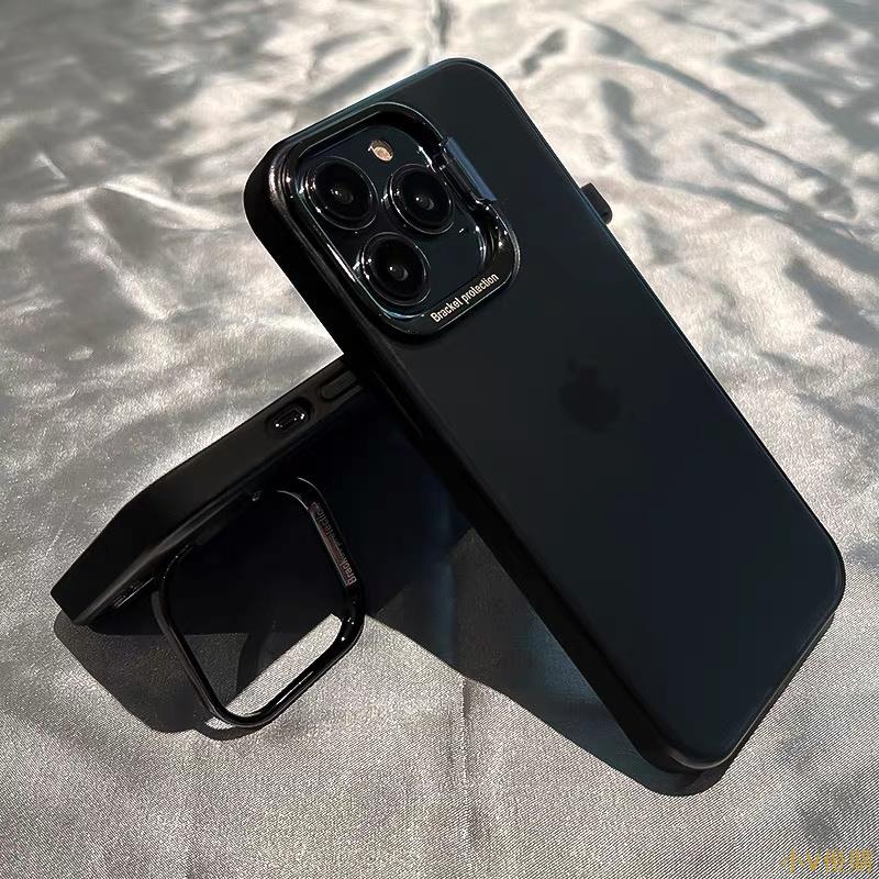 小V優購黑色高級感磨砂手機殼全包鏡頭支架全包防摔適用iPhone14 11 12 13 Pro Max 14Pro保護套