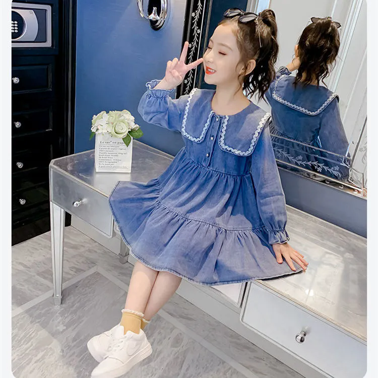 兒童洋裝 女童連衣裙 兒童牛仔裙 兒童春裝連衣裙 女孩公主裙 兒童長袖裙子 女生連身裙【不二雜貨】