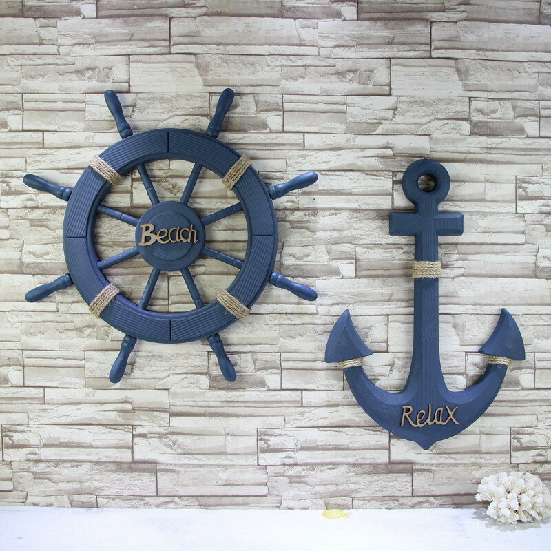 地中海風格舵手裝飾船錨船舵組合掛件海洋風裝飾舵錨方向盤墻壁飾