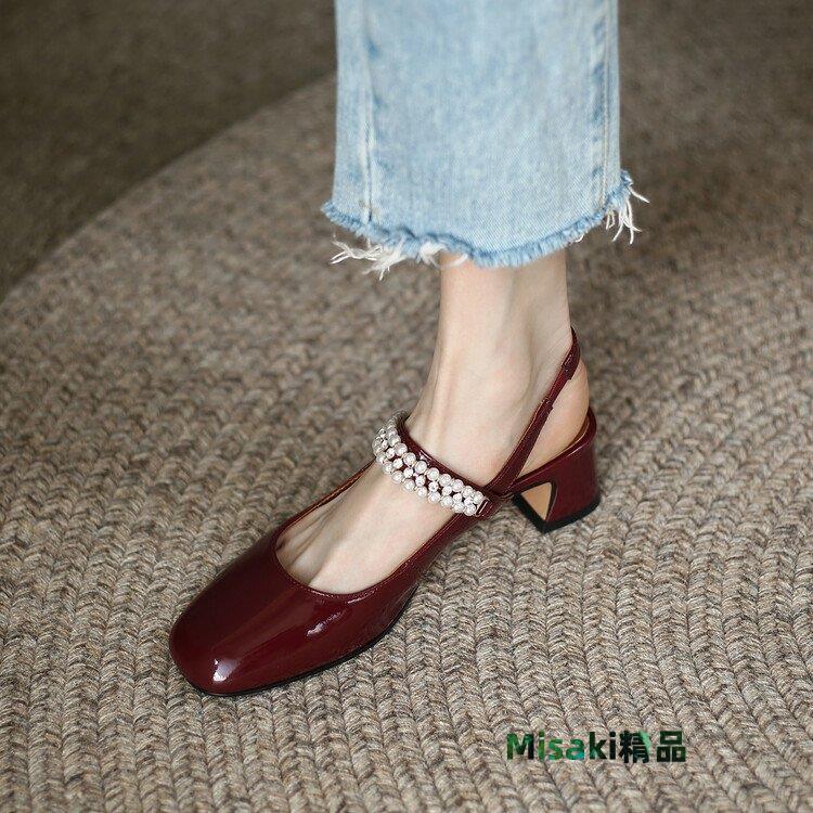 法式珍珠瑪麗珍鞋包頭涼鞋女中跟夏款單鞋-Misaki精品