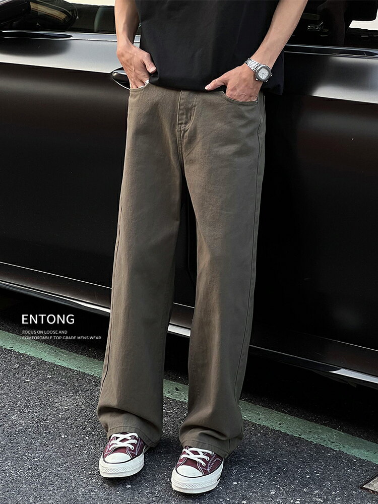 Entong美式潮牌復古咖色牛仔褲2025新款男潮流寬鬆大碼直筒長褲子