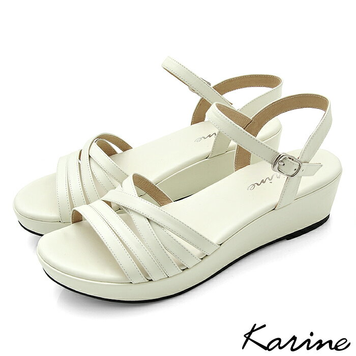 karine(MIT台灣製)全真皮交叉細帶鏤空楔型涼鞋-米白色