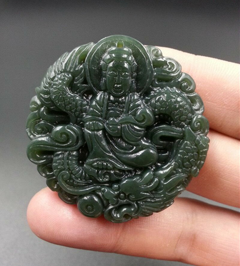 正品A貨天然玉石 新疆和田玉青玉盤龍觀音掛件吊墜男款玉吊墜