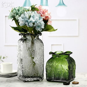 沁竹 開口浮雕透明玻璃客廳擺件紅木家居裝飾 干花插花水養花瓶
