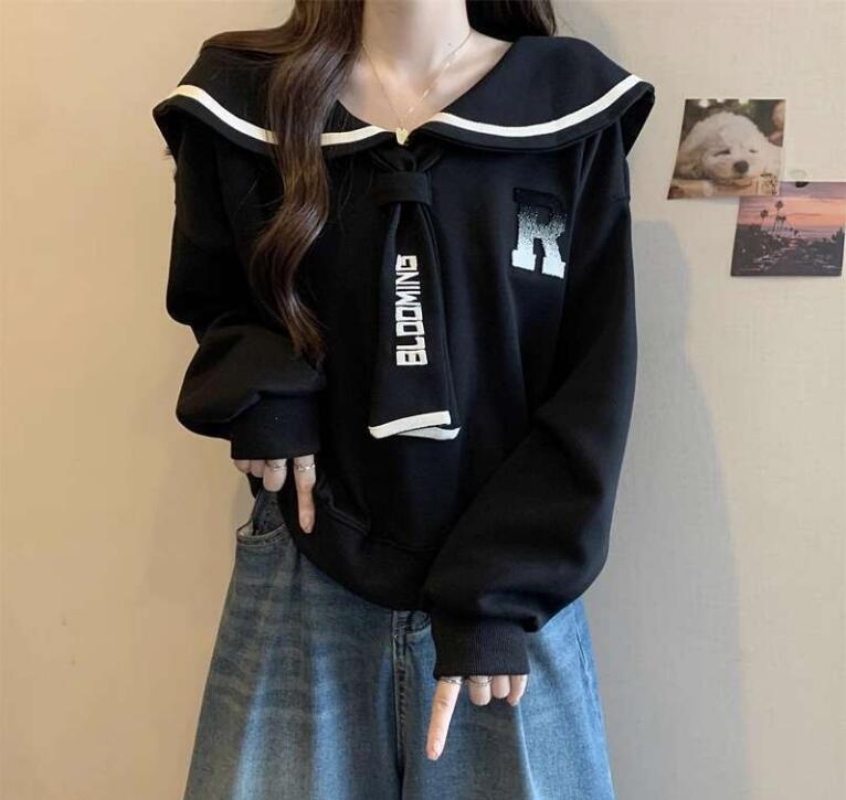 大學T海軍領帶長袖衛衣女寬松大碼秋季學院風顯瘦上衣【步行者戶外生活館】