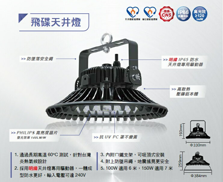 免運 舞光 LED 100W 飛碟 天井燈 150W 工廠 吊燈 高天井燈 防水 IP66 CNS認證 節能標章 好商量~