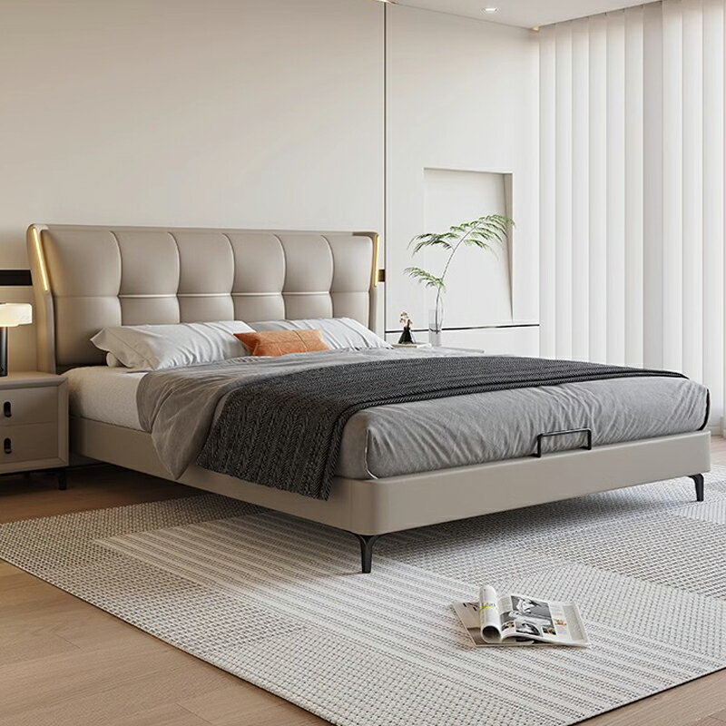 真皮床現代簡約主臥室大床雙人床奶油風灰色1.8/2米極簡軟包婚床