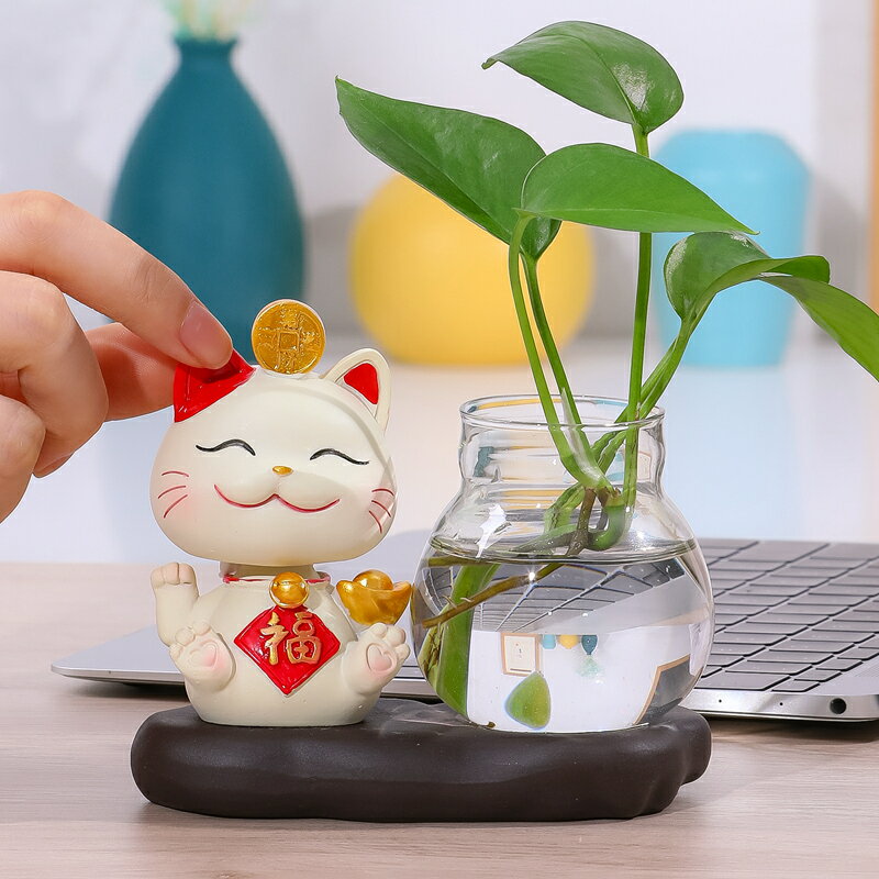 創意花瓶招財貓客廳插花裝飾品玻璃器皿水養植物綠蘿水培花器【不二雜貨】