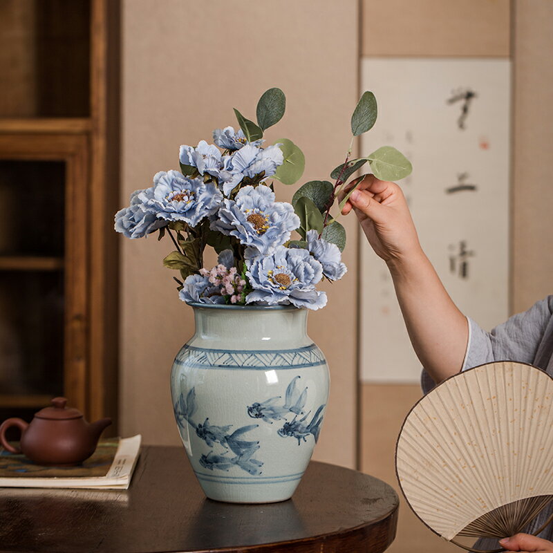 景德鎮手繪陶瓷花瓶擺件新中式青花復古客廳輕奢高檔臺面插花干花