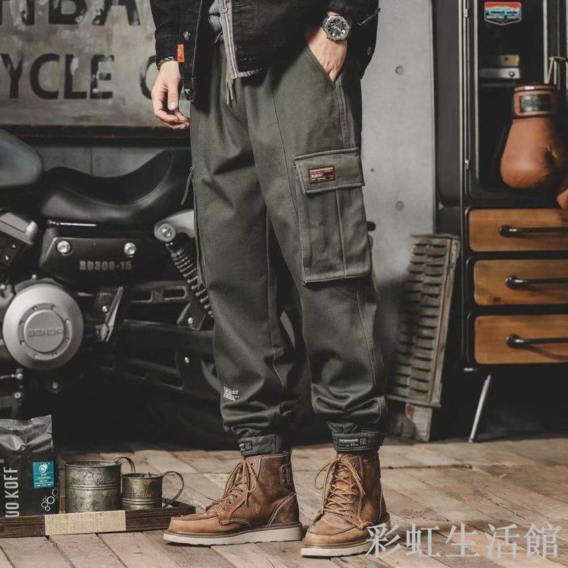 M-5XL 美式時尚工裝縮口褲男 休閒修身束口長褲 男生工作褲 戰術褲 素色徒步慢跑褲 鬆緊腰抽繩綁帶