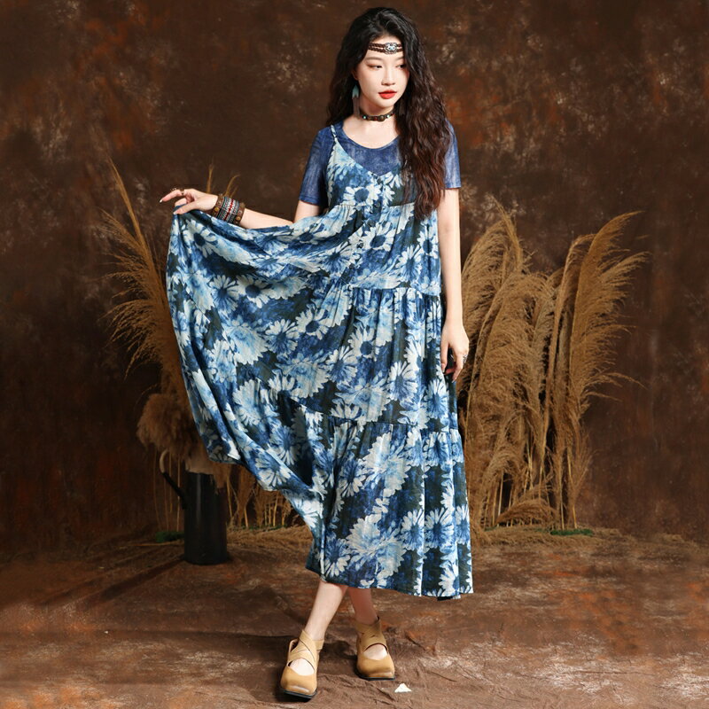 現貨+預購 新中式吊帶裙連身裙棉麻長裙(清新印花法式大裙擺女裙子74ku80)【獨家進口】【米蘭精品】