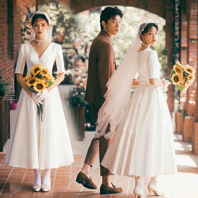 新款影樓主題服裝簡約緞面短袖婚紗情侶拍照復古中長款小白裙禮服