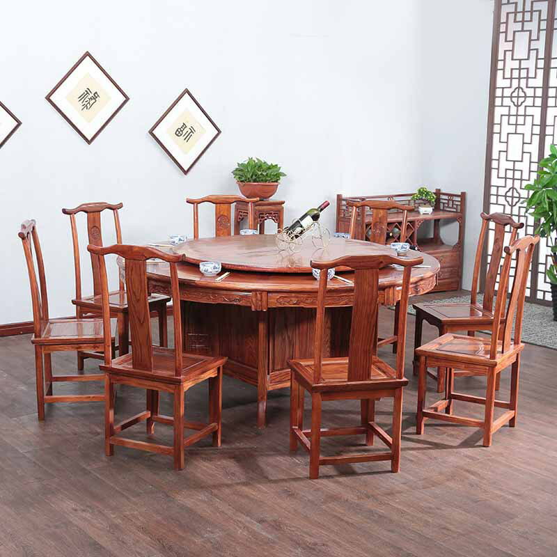 餐桌 明清古典仿古新中式南榆木家具實木圓桌餐桌椅組合轉盤大圓桌