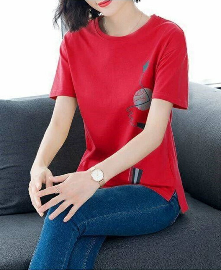 都市簡約．印花圓領側開叉短袖上衣- shiny藍格子【V3150】 6
