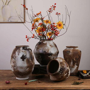 高級感粗陶花瓶復古禪意陶瓷插花擺件新中式陶罐花器民宿居家裝飾