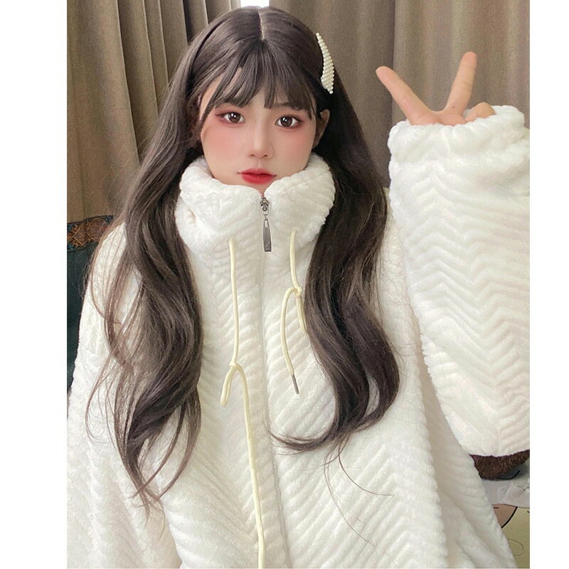 仿兔毛加厚毛絨絨炸街外套女2021新款冬季白色立領羊羔毛寬松上衣