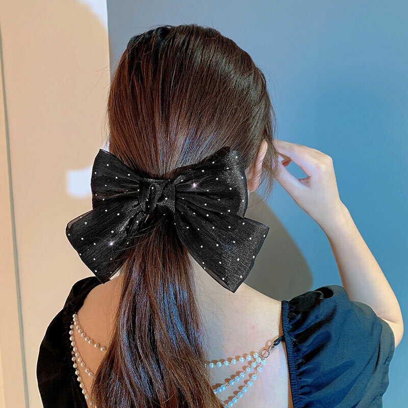 韓國時尚水鉆蝴蝶結發夾女高級感網紗后腦勺夾子氣質發圈網紅頭飾
