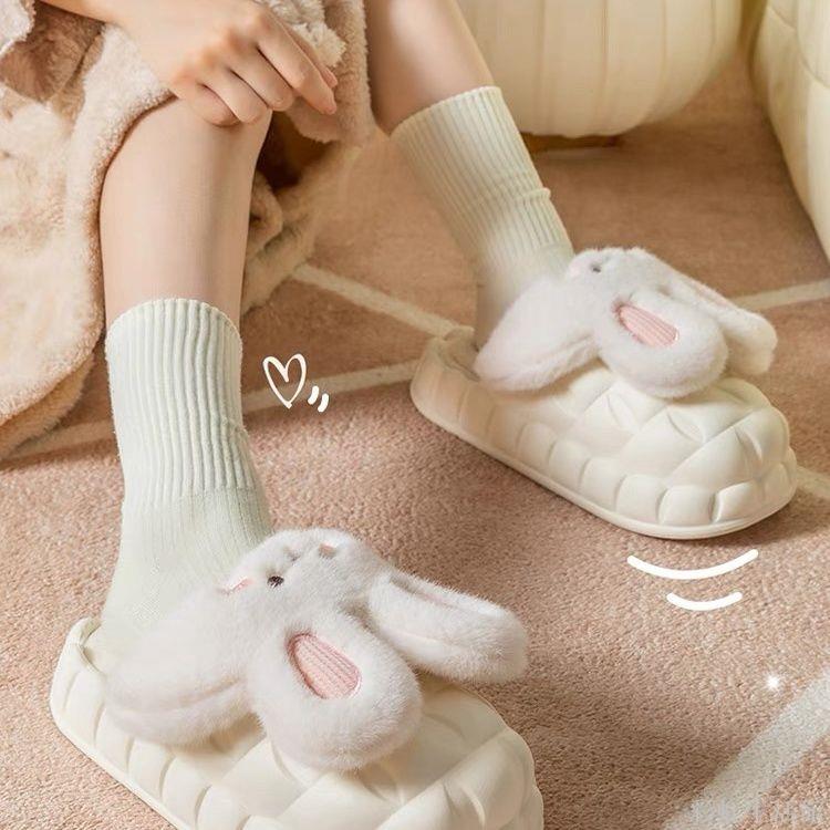 新款可愛ins兔兔女士超軟厚底加絨可拆卸防水防滑保暖棉拖鞋女冬