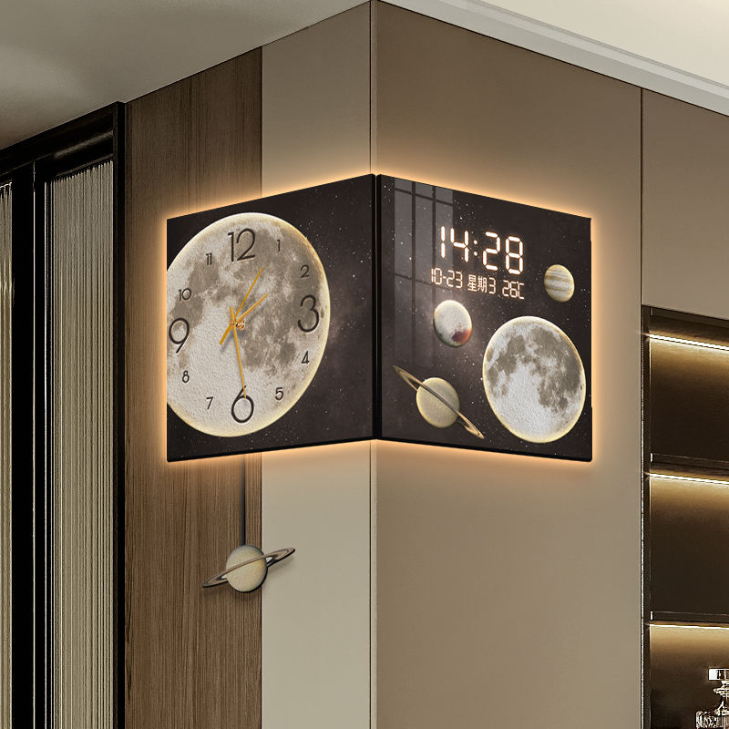 免運 月球轉角掛鐘客廳數顯鐘表掛墻萬年歷電子鐘大氣輕奢雙面拐角時鐘
