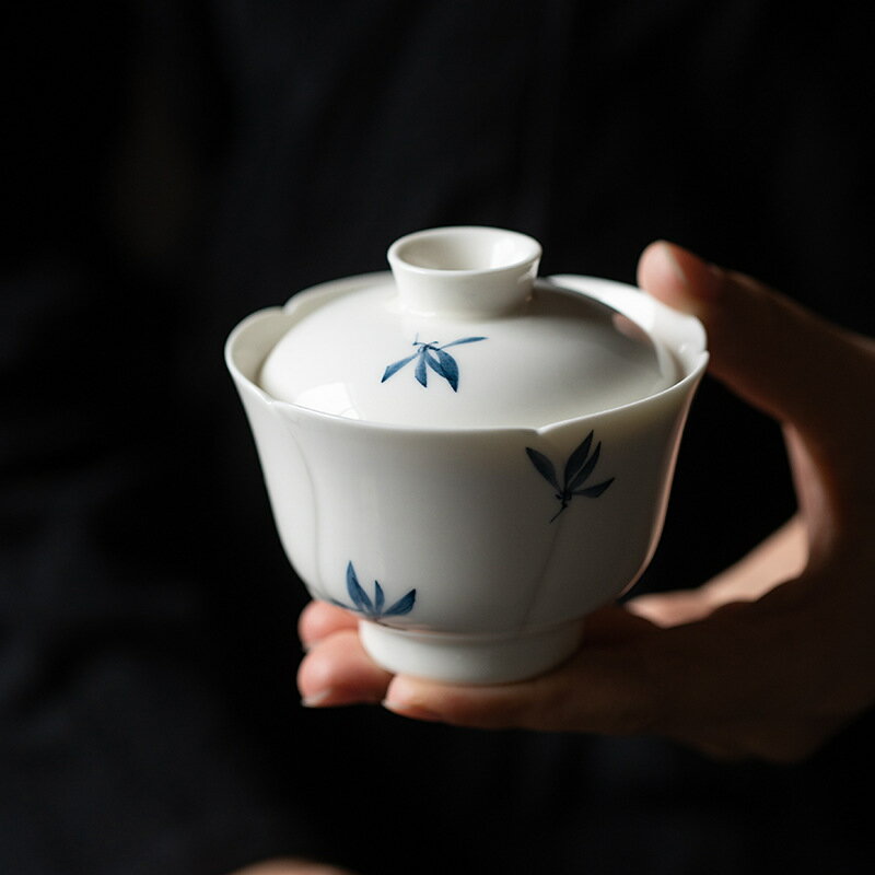 手繪蘭花蓋碗單個家用白瓷二才茶碗帶蓋功夫茶具陶瓷泡茶器手抓碗