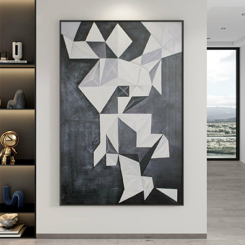 黑白灰格子客廳裝飾畫現代簡約抽象幾何裝修風格掛畫走廊玄關壁畫