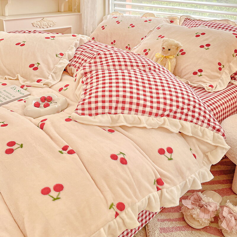 公主風冬季牛奶絨床上四件套雙面加厚床品法蘭珊瑚絨保暖被套床單