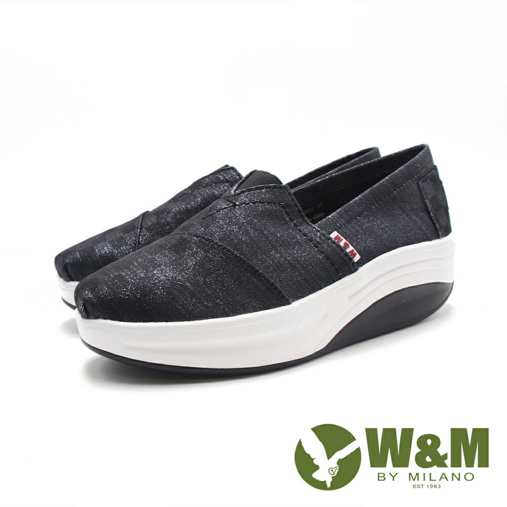 W&M(女)BOUNCE珠光透氣布 增高彈力休閒鞋 女鞋－黑色(另有灰藍色)