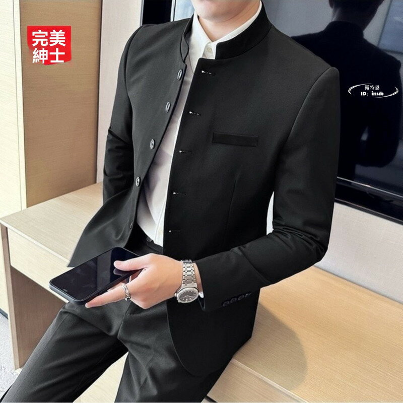 男生面試服裝穿著西裝推薦到中山裝 正裝 中式西服 立領外套 年輕人新中式男士民國立領套裝外套男裝西裝大碼春秋款就在吉宅良品推薦男生面試服裝穿著西裝