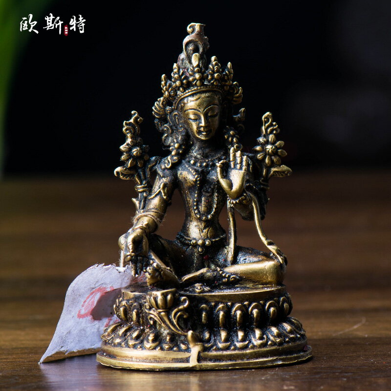 藏傳佛教用品 密宗佛像擺件尼泊爾手工純銅青銅做舊3寸綠度母佛像