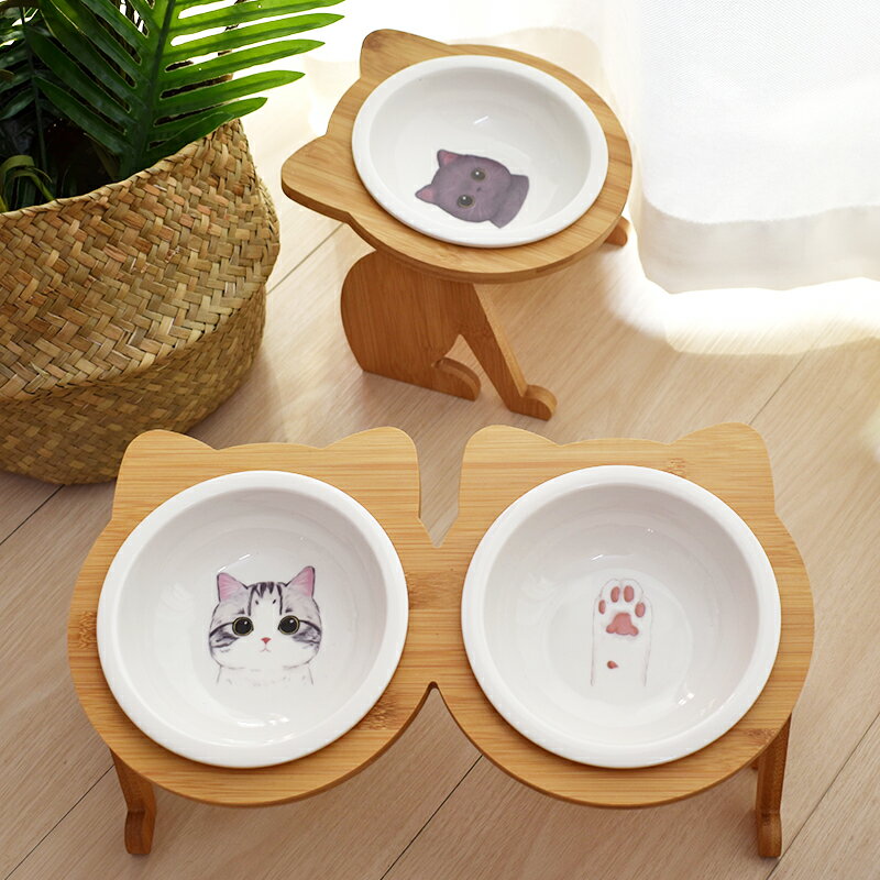 貓碗陶瓷保護頸椎高腳斜口貓食盆雙碗防打翻可愛狗碗寵物用品