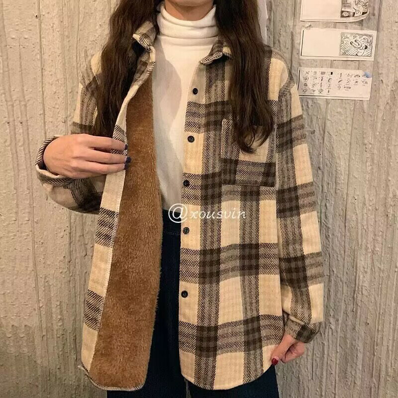 FUXI 內刷毛格子襯衫女 秋冬加絨加厚襯衫外套 復古寬鬆毛呢外套 休閒襯衣 長袖襯衫 厚襯衣 長袖上衣 女裝 衣服