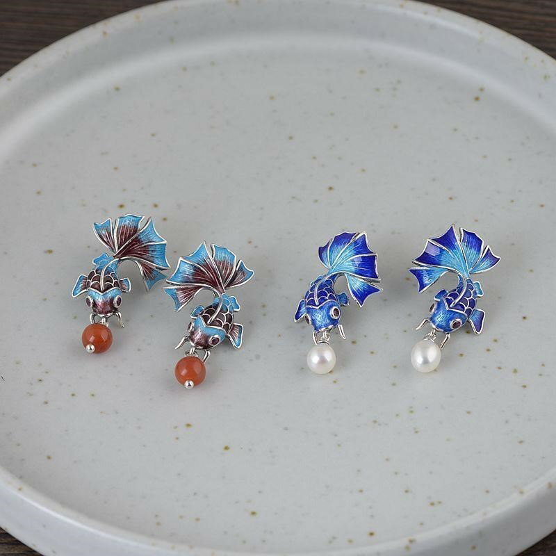 景泰藍耳釘女鍍925銀針復古中國風燒藍時尚氣質金魚珍珠南紅耳飾