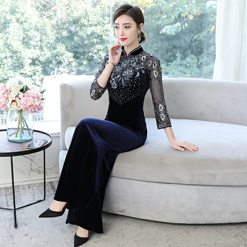 中國風改良旗袍裙秋冬絲絨氣質高貴大碼走秀婚禮晚禮服宴會連衣裙