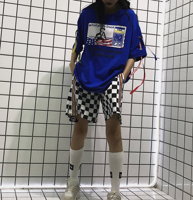 FINDSENSE H1 2018 夏 韓國 嘻哈 個性飄帶 人物印花 圓領 純棉 女短袖 T恤 寬松 百搭上衣潮