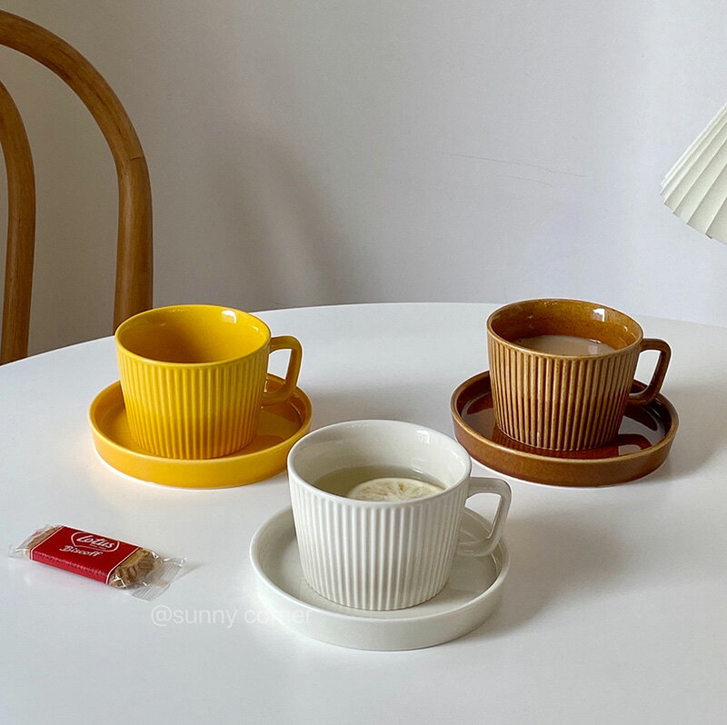 風復古豎紋陶瓷馬克杯牛奶拿鐵咖啡杯下午茶杯碟餐具套裝