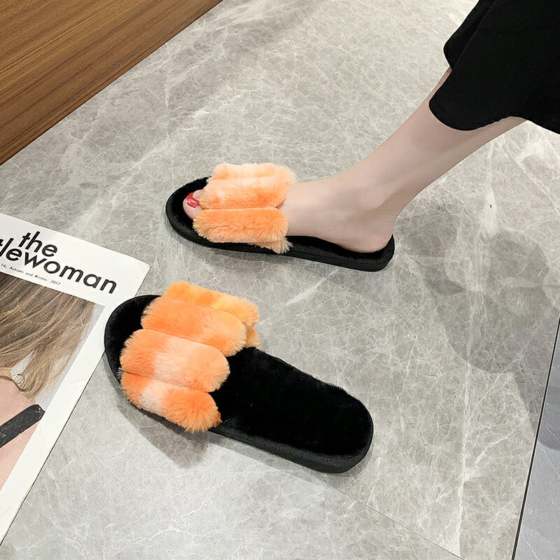 一字漸變色平底女拖鞋網紅韓版毛毛拖ins潮秋冬百搭軟底室內棉拖