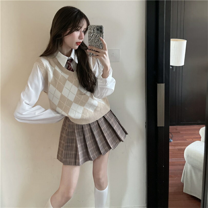 學院風jk制服套裝女早春新款日系校服針織馬甲襯衫百褶裙三件套潮 0